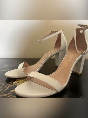Stuart Weitzman White Block Heel Ankle-Strap Sandals